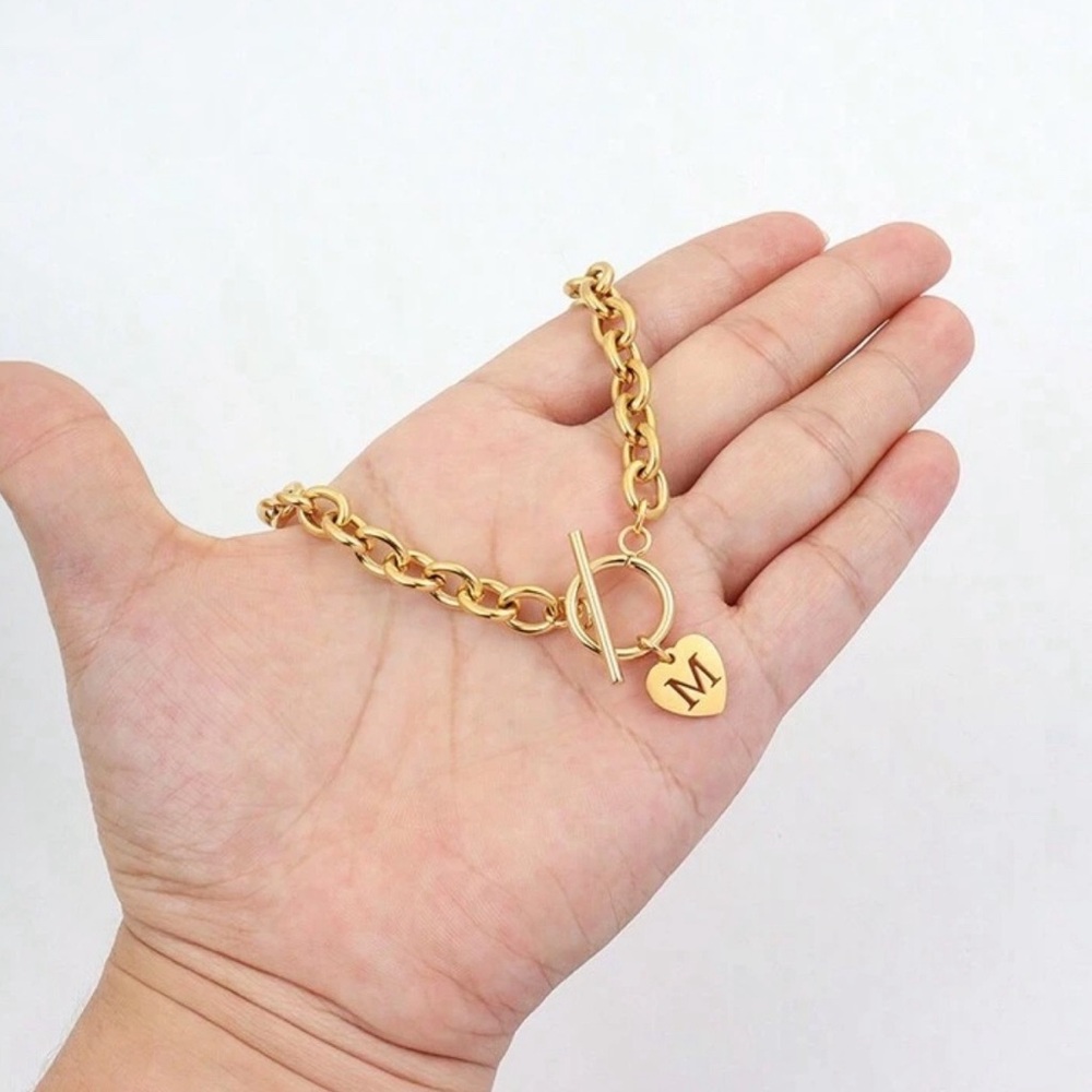 Heart Letter M Initial Pendant Necklace Gold Stainless Steel Clasp Chain Women